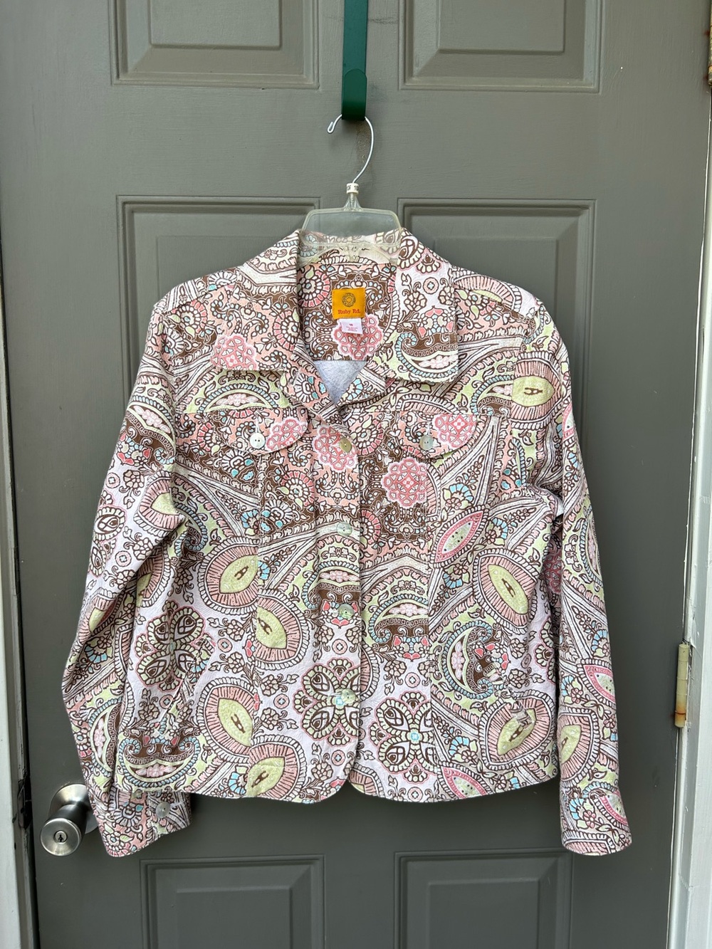 Paisley Print Button-Front Jacket in Pink, Brown & Cream